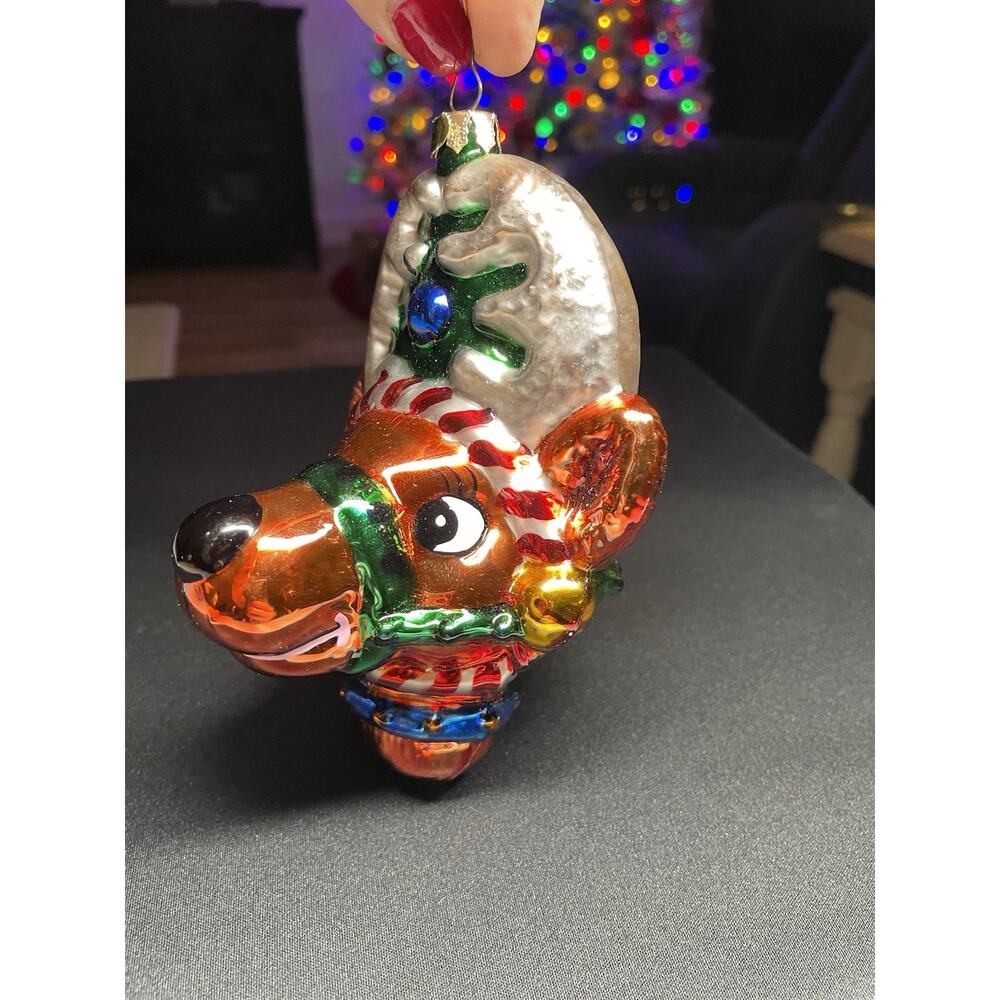 Vintage 2003 Mark Klaus Faces Full of Festive Joy Reindeer Blown Glass Ornament